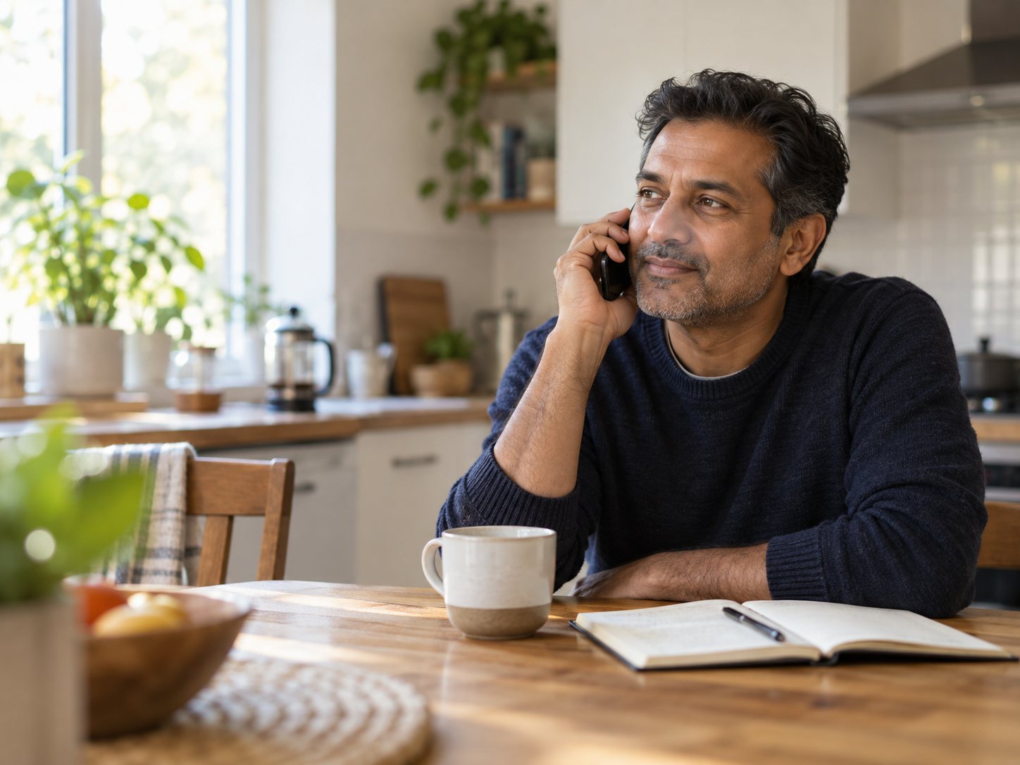 A man at his kitchen table on a phone call with a notebook open