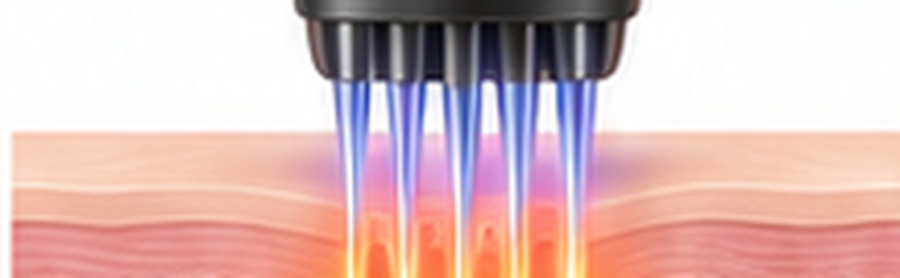 Illustration showing radio-frequency microneedling delivering heat below the skin surface